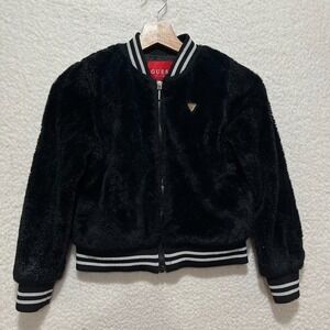Guess Girls Sz 10 Black Faux Fur‎ Allover Full Zip Lined Varsity Jacket Logo